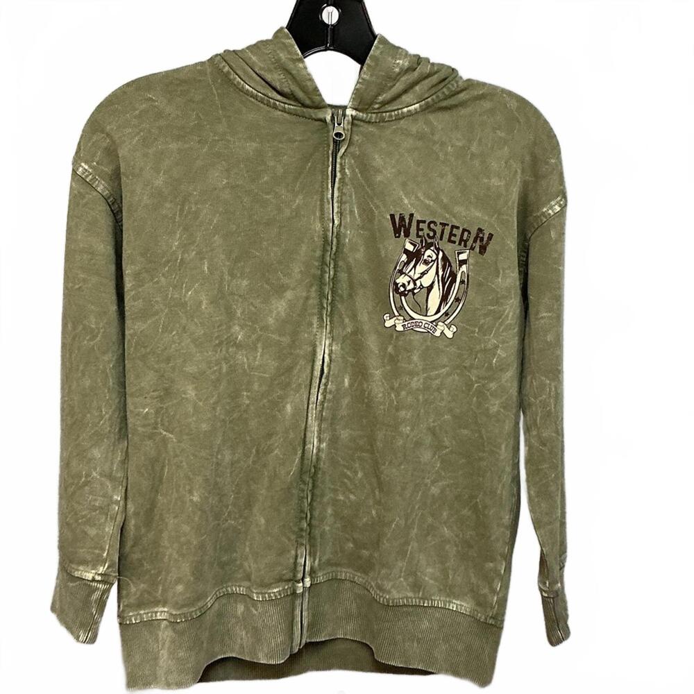 Pastel Palette Green Western Graphic Hoodie Stoned Wash Olive Green for Girls